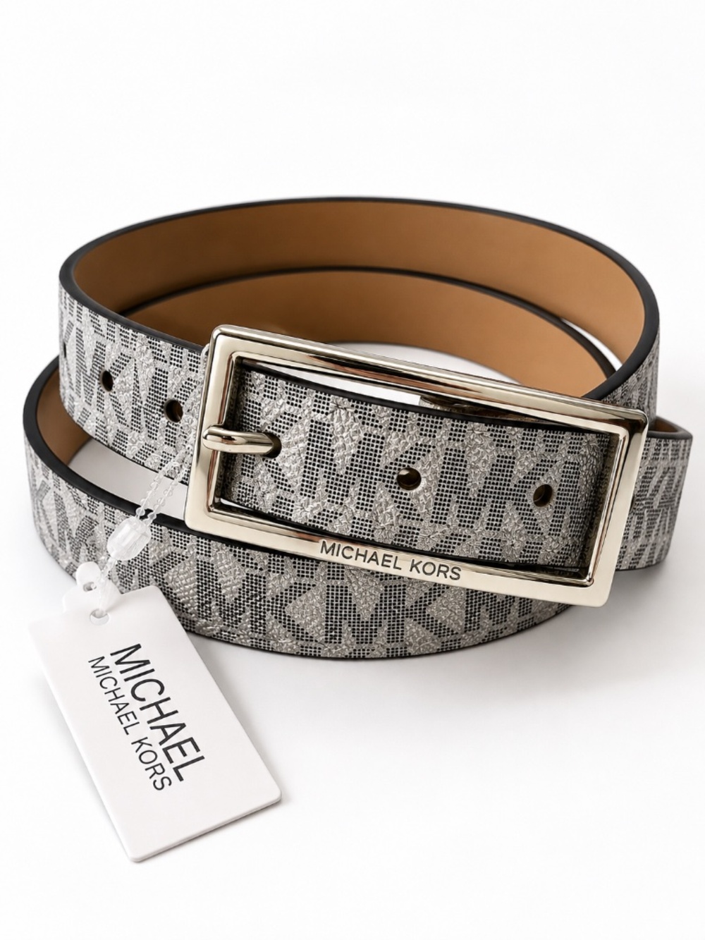 Michael Kors Signature Skinny Belt Silver Gray Monogram Womens Large L NWT